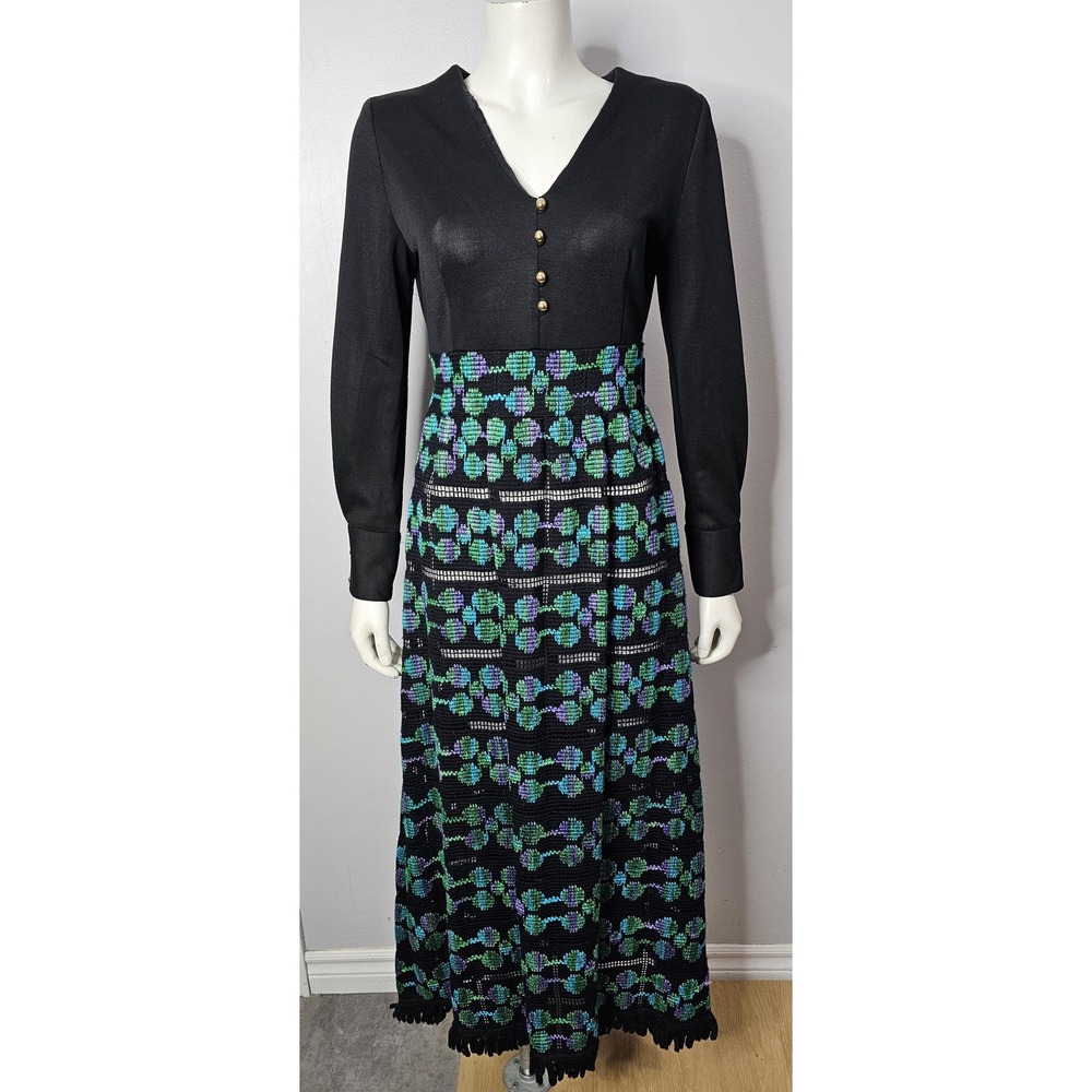 Vintage 1970s Knit Fringe Crochet Maxi Dress
